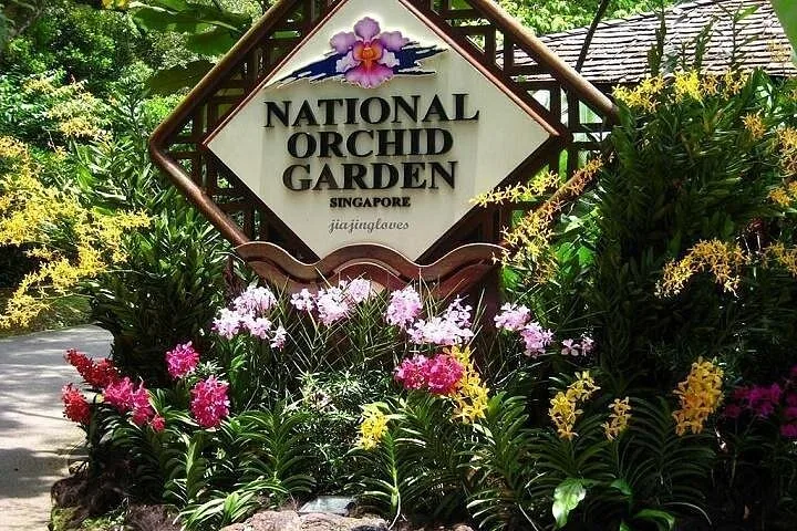 Sign for National Orchid Garden Singapore surrounded by colorful orchids